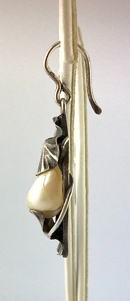 Art Nouveau Earrings Signed Dumont, Ginko Leaves, Silver And Baroque Pearls-photo-7