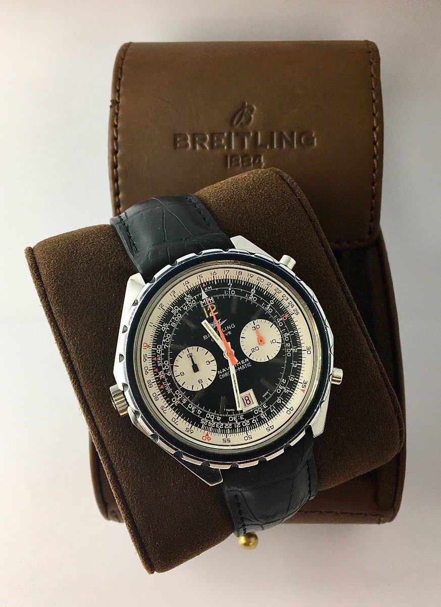 Breitling Navytimer Pizza 1806 Chronomatic Microrotor Watch 1970 Steel On Leather, Box-photo-2