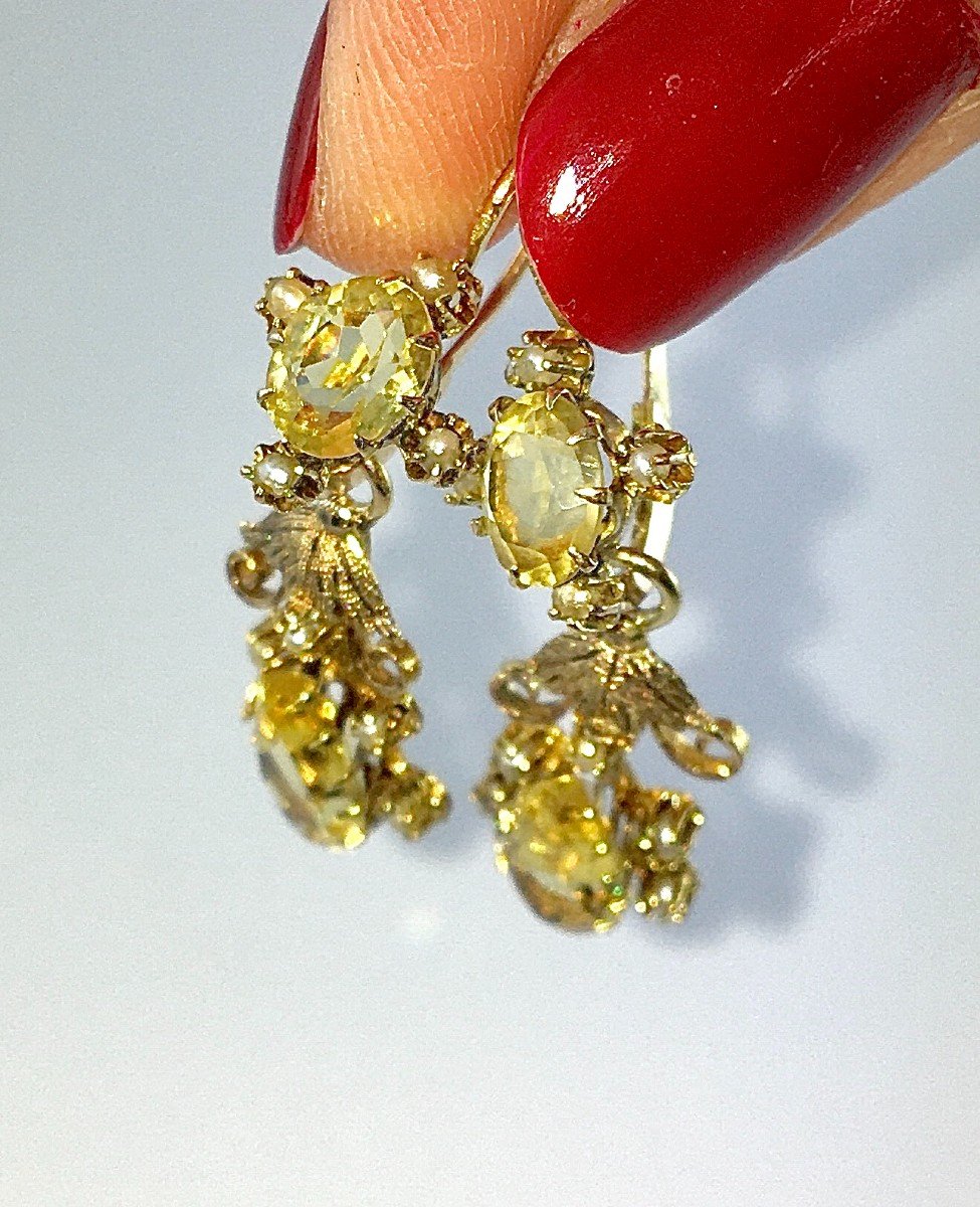 Boucles d'Oreilles Pendants Citrines Et Perles Fines Sur Or Jaune Napoléon III-photo-2