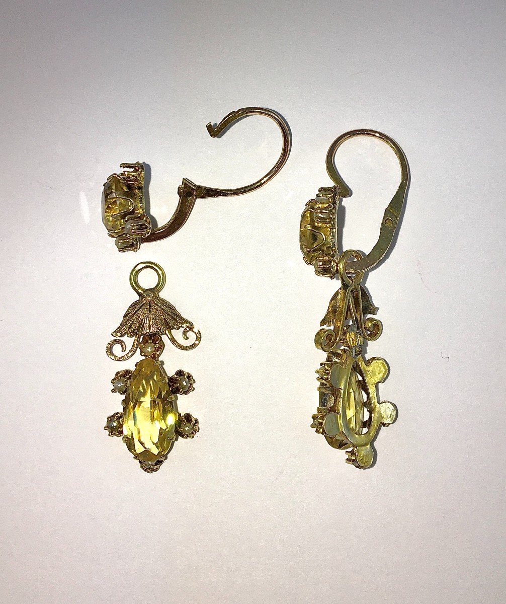 Boucles d'Oreilles Pendants Citrines Et Perles Fines Sur Or Jaune Napoléon III-photo-4