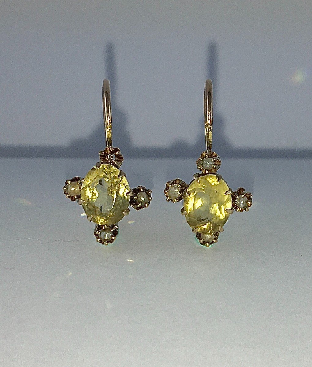 Boucles d'Oreilles Pendants Citrines Et Perles Fines Sur Or Jaune Napoléon III-photo-5