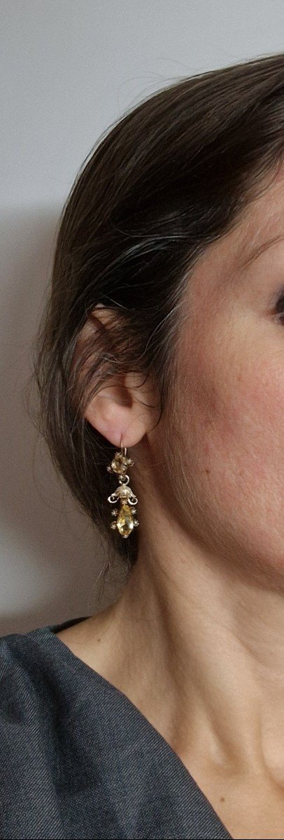 Boucles d'Oreilles Pendants Citrines Et Perles Fines Sur Or Jaune Napoléon III-photo-8