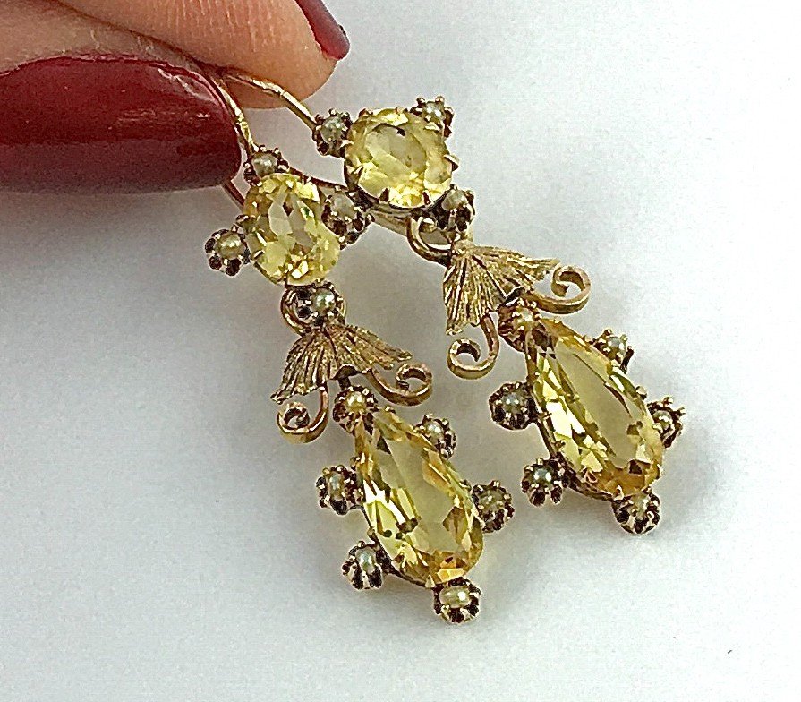 Boucles d'Oreilles Pendants Citrines Et Perles Fines Sur Or Jaune Napoléon III