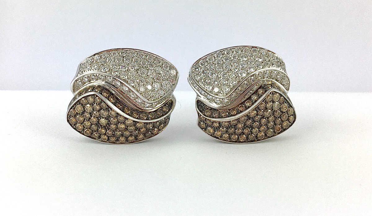 Pave Earrings With Chocolate And White Diamonds On White Gold, Pierced Ear Clips-photo-3