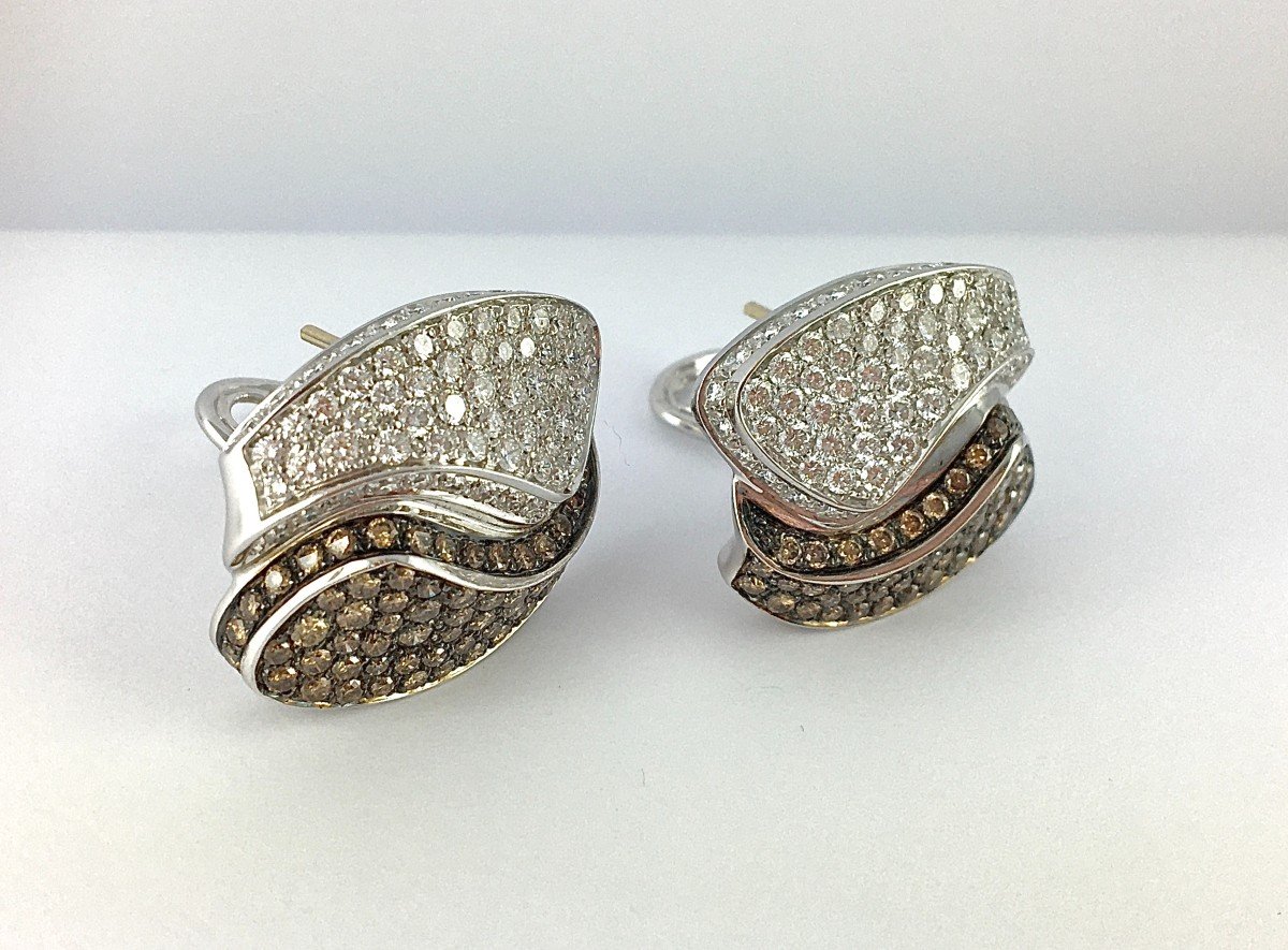 Pave Earrings With Chocolate And White Diamonds On White Gold, Pierced Ear Clips-photo-2