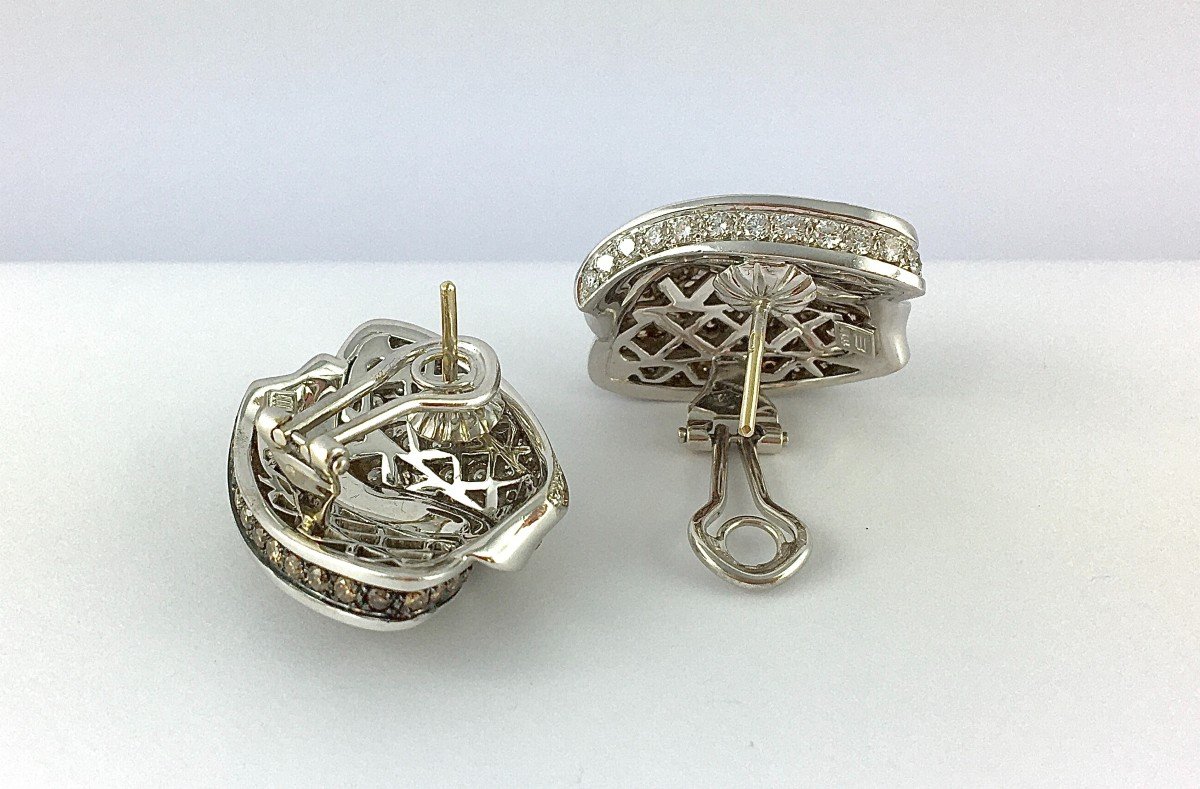 Pave Earrings With Chocolate And White Diamonds On White Gold, Pierced Ear Clips-photo-6