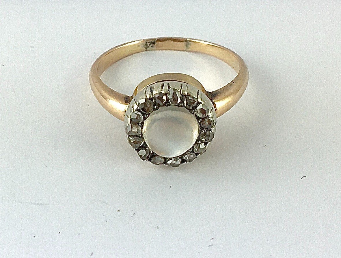 Bague Marguerite Ronde Pierre De Lune Et Diamants  Sur Or Rose Et Argent Napoléon III -photo-4