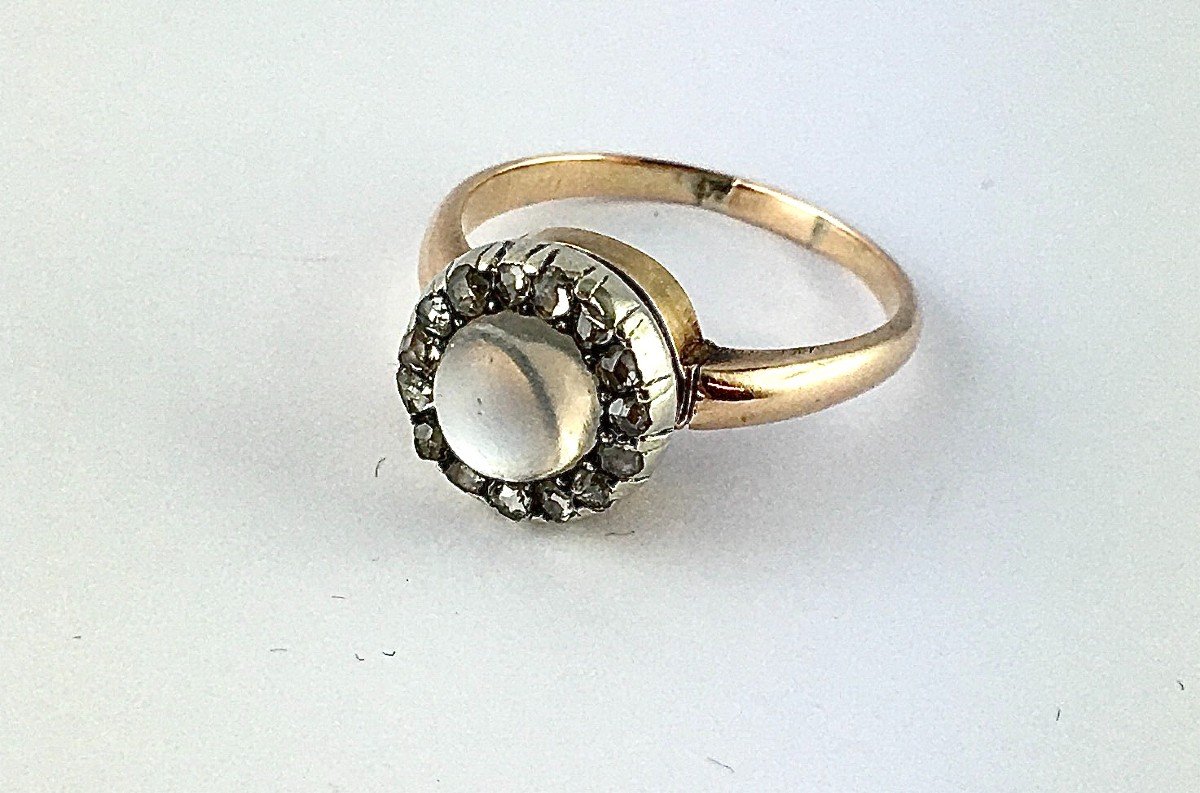 Bague Marguerite Ronde Pierre De Lune Et Diamants  Sur Or Rose Et Argent Napoléon III -photo-1