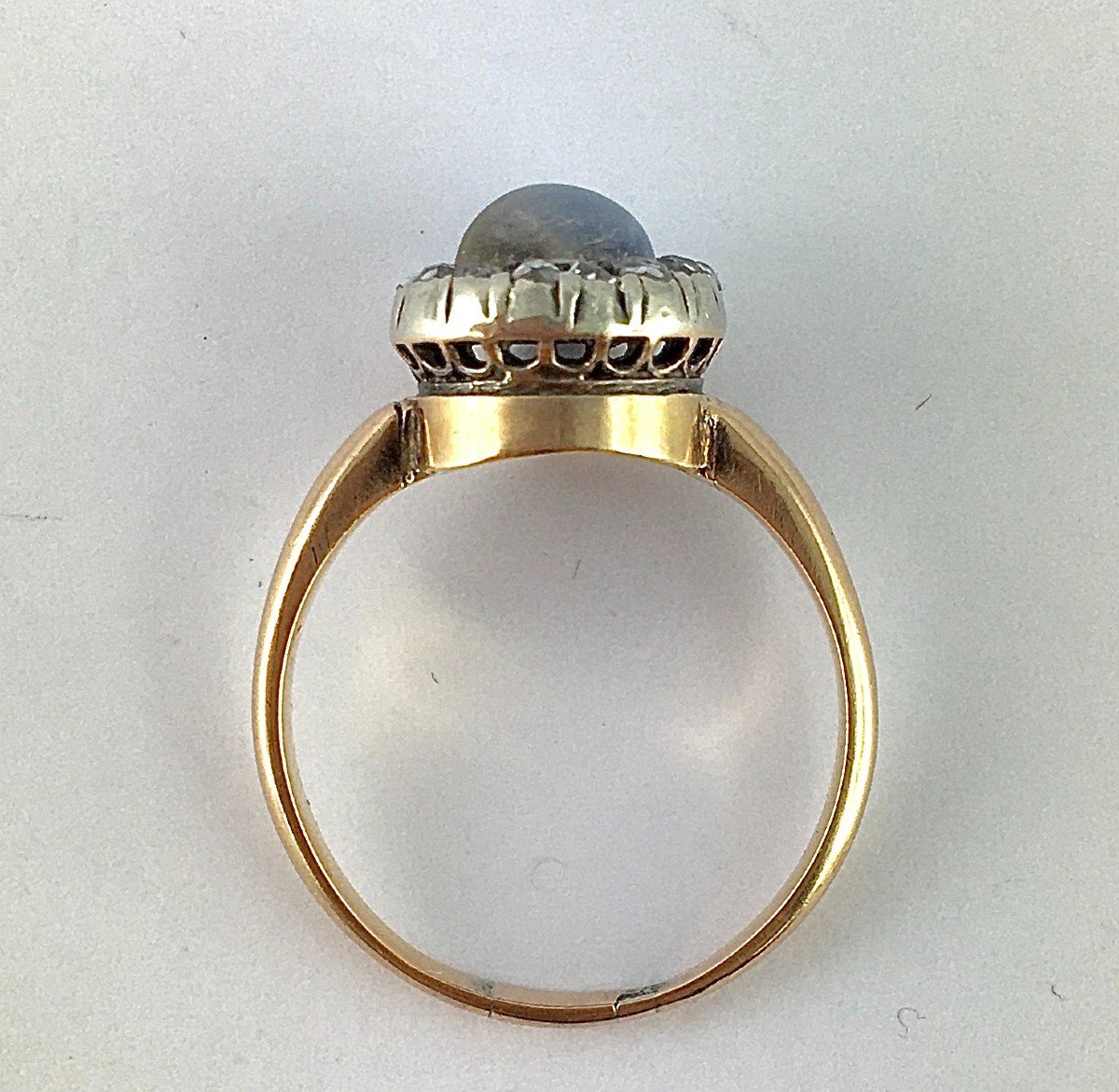 Bague Marguerite Ronde Pierre De Lune Et Diamants  Sur Or Rose Et Argent Napoléon III -photo-6