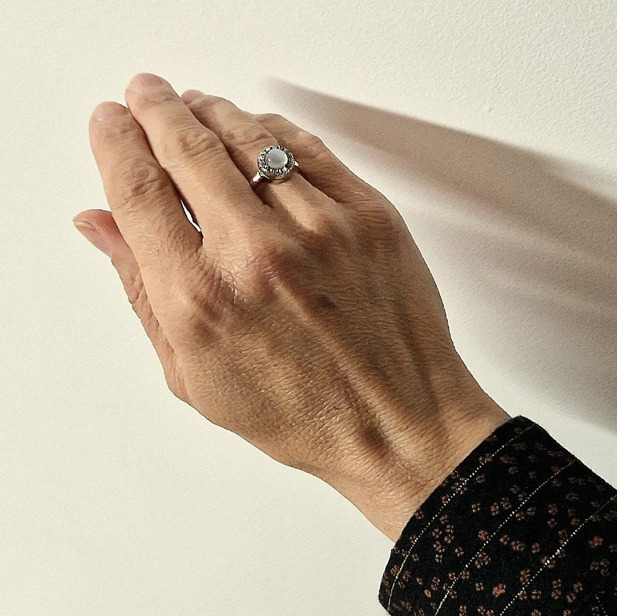 Bague Marguerite Ronde Pierre De Lune Et Diamants  Sur Or Rose Et Argent Napoléon III -photo-7