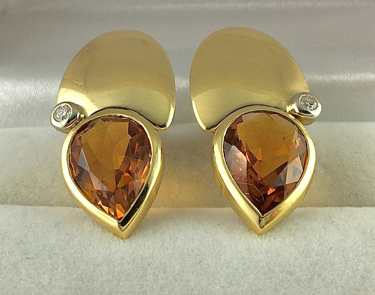 Manfredi Earrings Pendants Citrines Pear, Diamonds Yellow Gold Pierced Ear Clips-photo-2