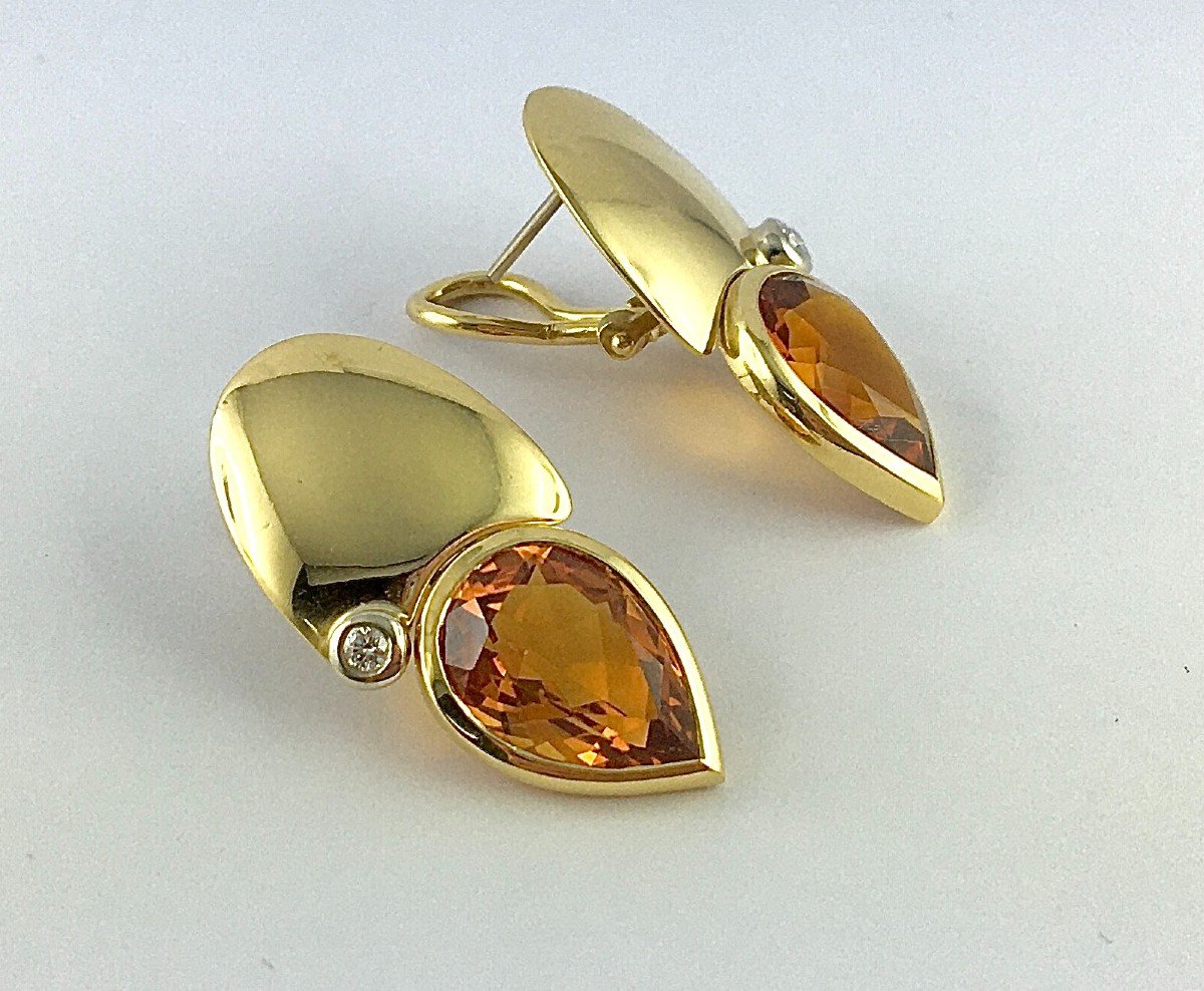 Manfredi Earrings Pendants Citrines Pear, Diamonds Yellow Gold Pierced Ear Clips-photo-3