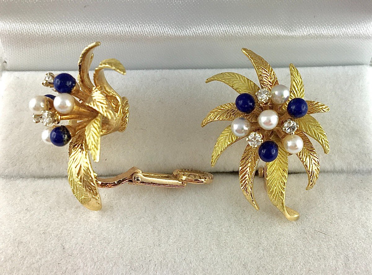 Vintage Lapis Lazuli Foliage Clip-on Earrings, Pearls, Diamonds / Yellow & Rose Gold-photo-2