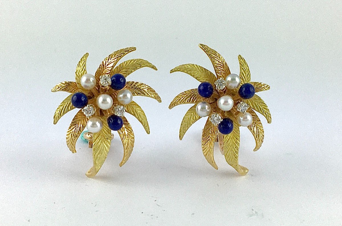 Vintage Lapis Lazuli Foliage Clip-on Earrings, Pearls, Diamonds / Yellow & Rose Gold-photo-4