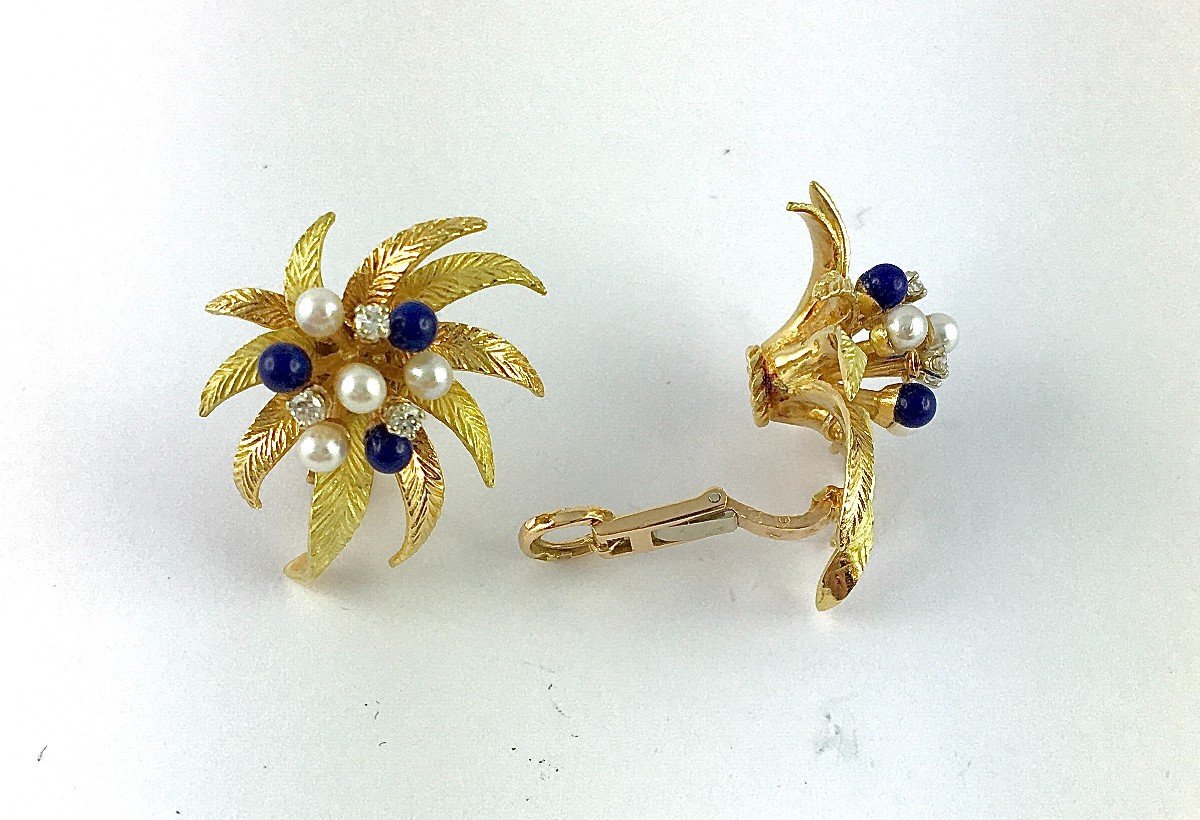 Vintage Lapis Lazuli Foliage Clip-on Earrings, Pearls, Diamonds / Yellow & Rose Gold-photo-1