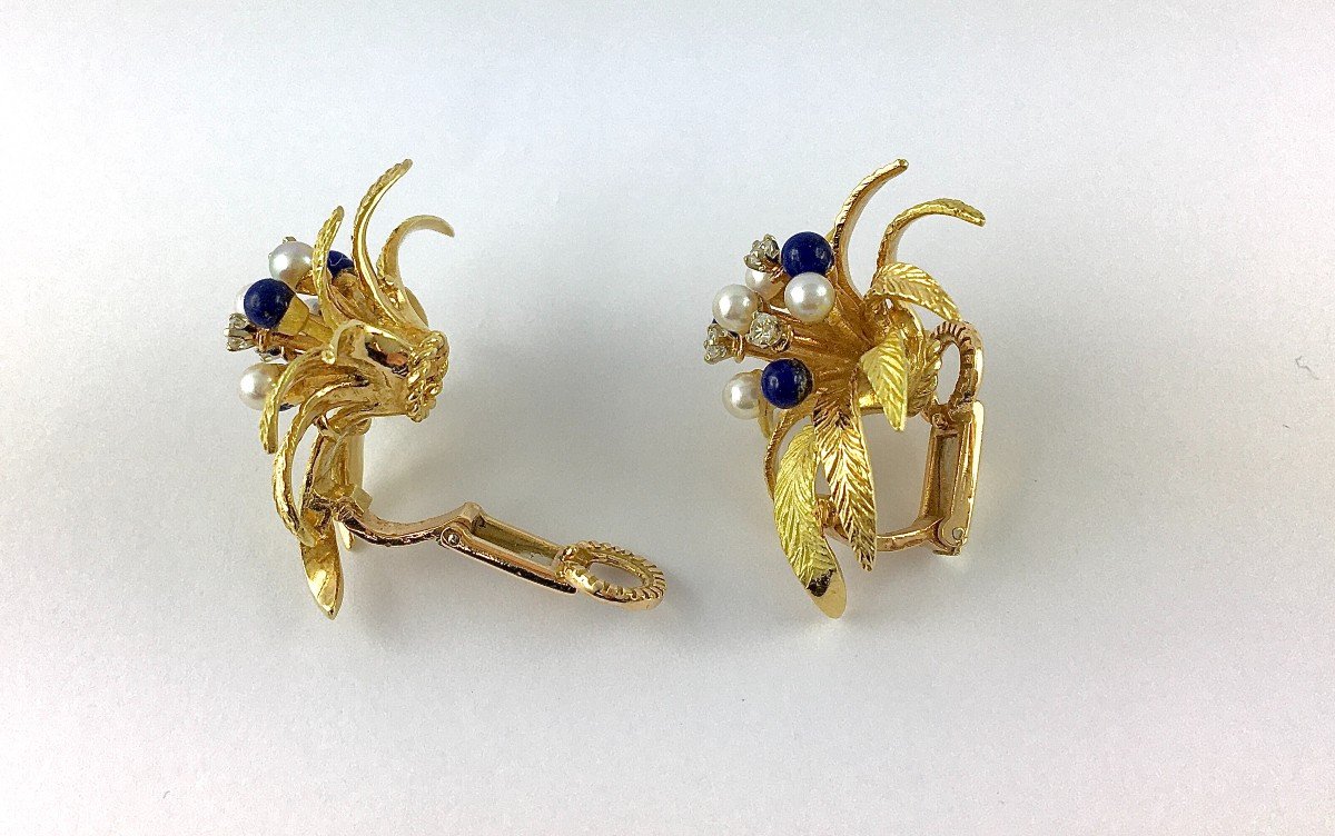 Vintage Lapis Lazuli Foliage Clip-on Earrings, Pearls, Diamonds / Yellow & Rose Gold-photo-2