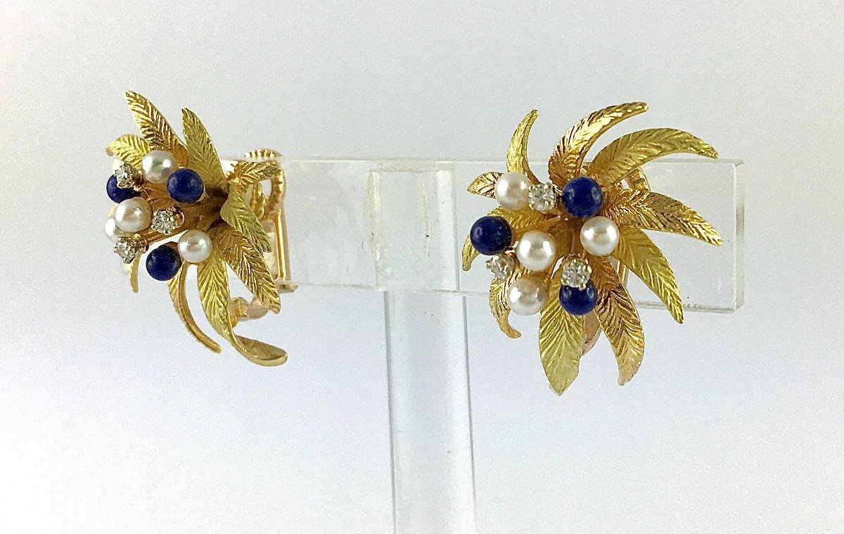 Vintage Lapis Lazuli Foliage Clip-on Earrings, Pearls, Diamonds / Yellow & Rose Gold-photo-3