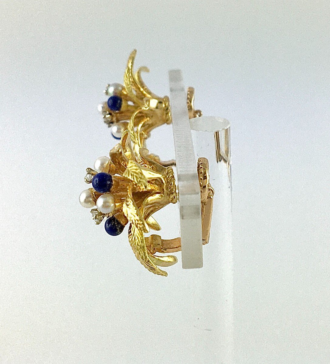 Vintage Lapis Lazuli Foliage Clip-on Earrings, Pearls, Diamonds / Yellow & Rose Gold-photo-4