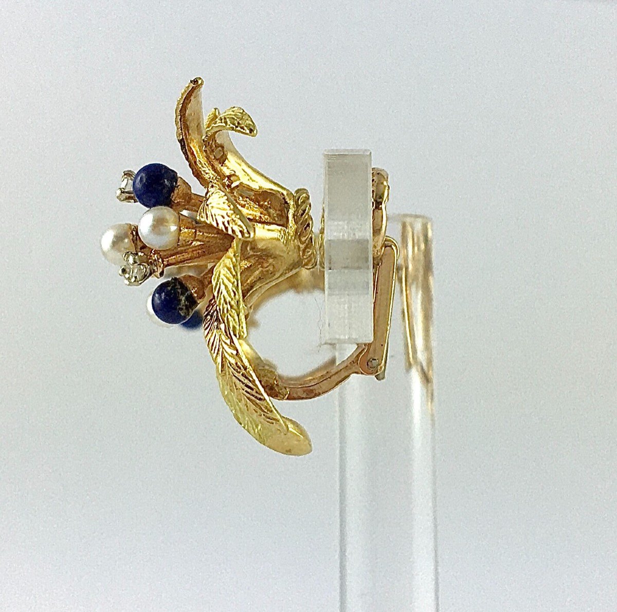 Vintage Lapis Lazuli Foliage Clip-on Earrings, Pearls, Diamonds / Yellow & Rose Gold-photo-5