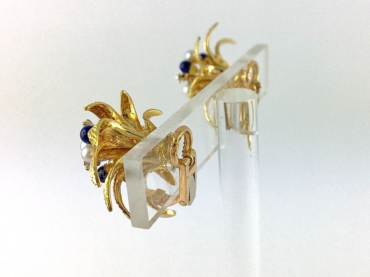 Vintage Lapis Lazuli Foliage Clip-on Earrings, Pearls, Diamonds / Yellow & Rose Gold-photo-6