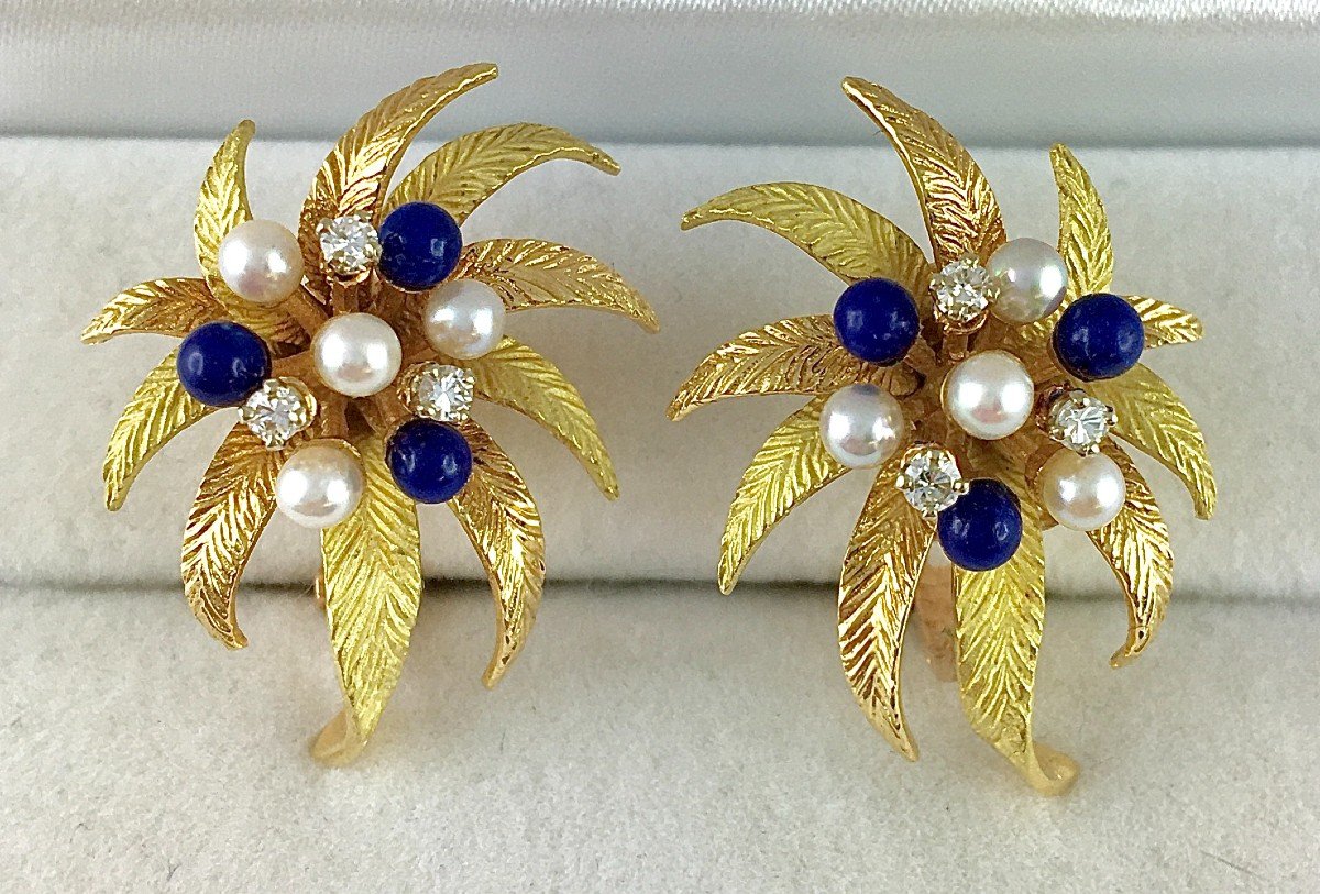 Vintage Lapis Lazuli Foliage Clip-on Earrings, Pearls, Diamonds / Yellow & Rose Gold