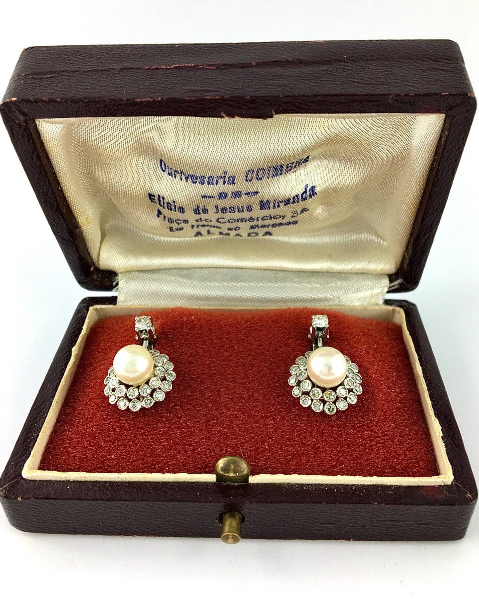 Boucles d'Oreilles Dormeuses Fleurs Perles De Culture Akoya Japonaises Diamants /Or Blanc Ecrin-photo-2