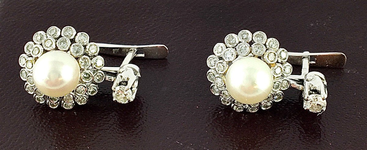 Boucles d'Oreilles Dormeuses Fleurs Perles De Culture Akoya Japonaises Diamants /Or Blanc Ecrin-photo-2