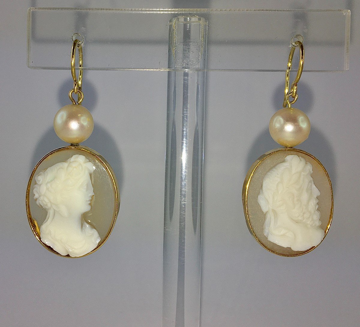 Boucles d'Oreilles Pendants Camées Agate Napoléon III  Perles De Culture Akoya Sur Or Jaune -photo-2