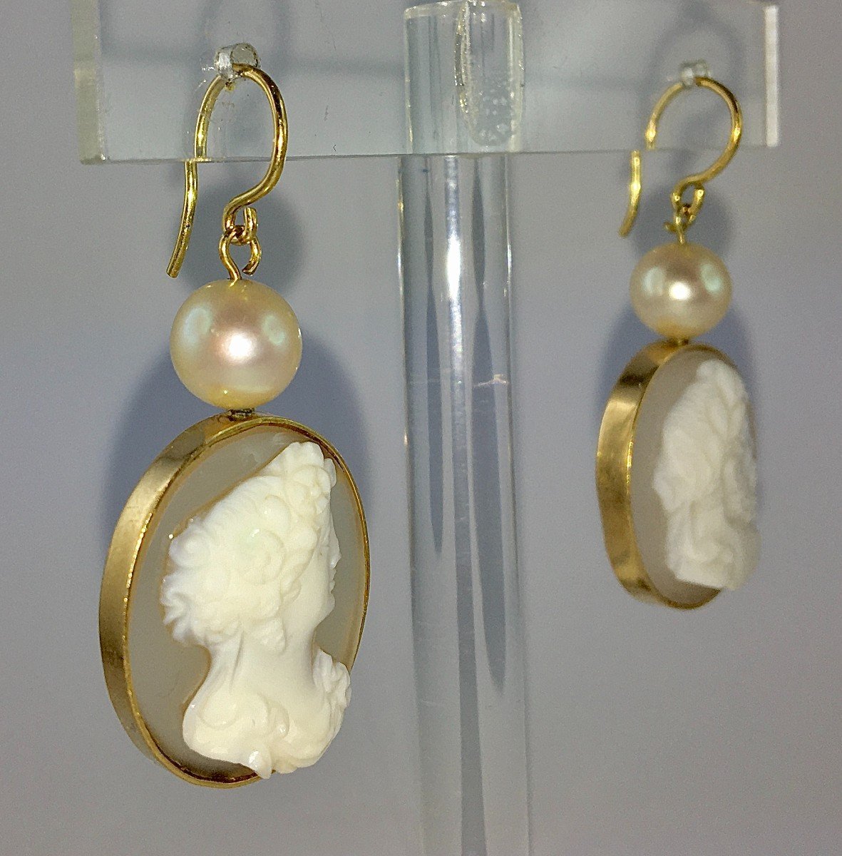 Boucles d'Oreilles Pendants Camées Agate Napoléon III  Perles De Culture Akoya Sur Or Jaune -photo-3