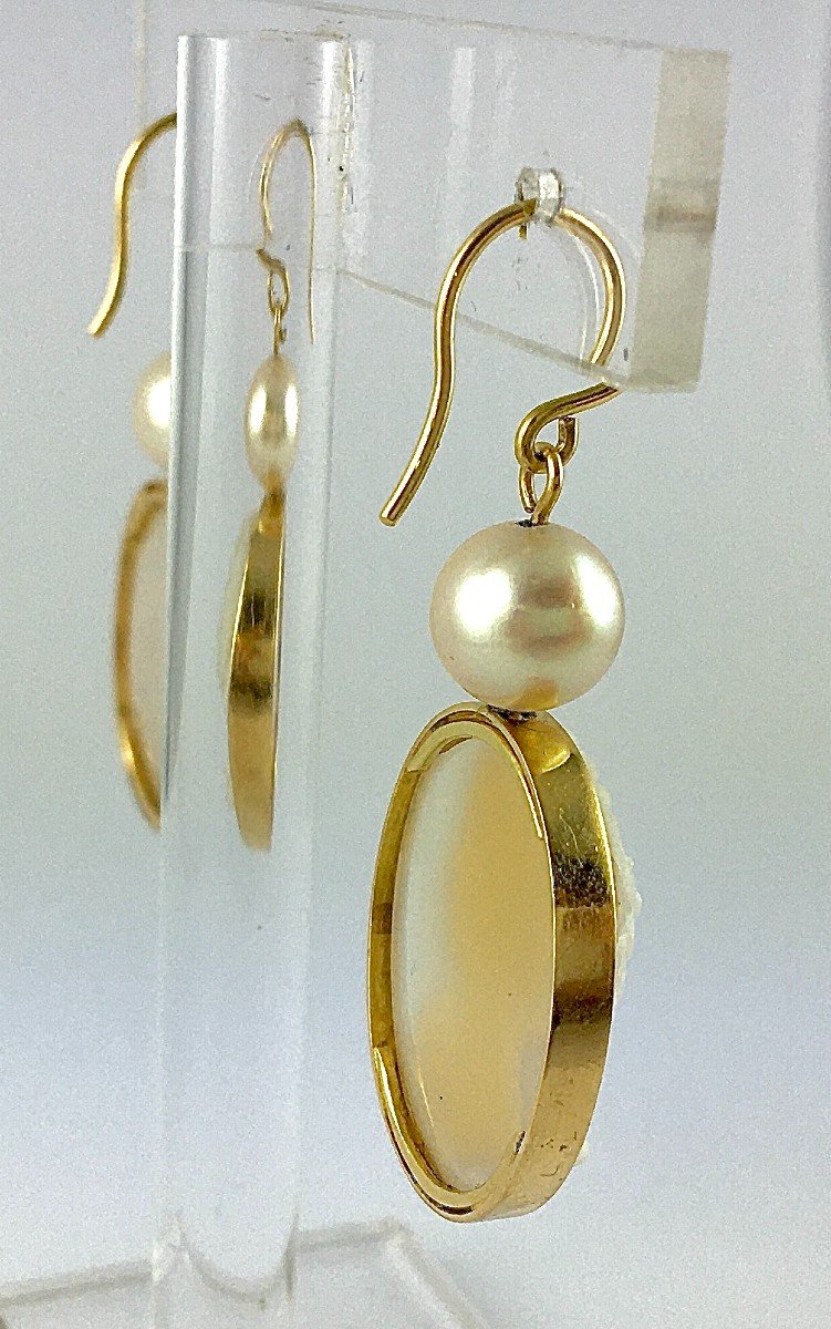 Boucles d'Oreilles Pendants Camées Agate Napoléon III  Perles De Culture Akoya Sur Or Jaune -photo-1