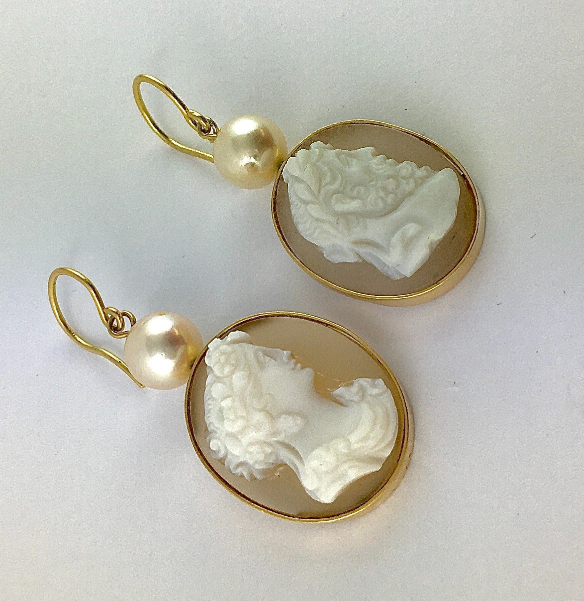 Boucles d'Oreilles Pendants Camées Agate Napoléon III  Perles De Culture Akoya Sur Or Jaune -photo-3