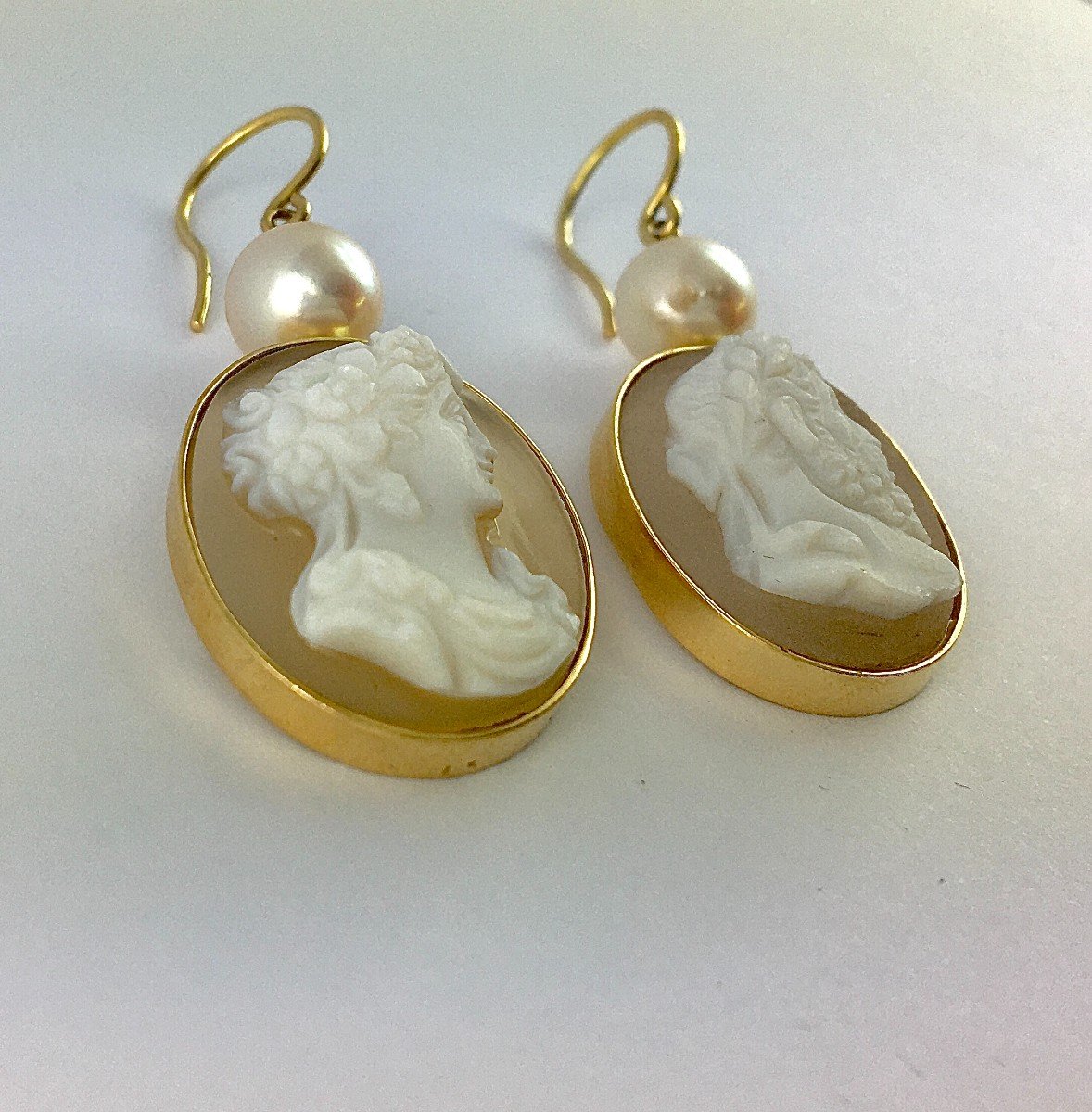 Boucles d'Oreilles Pendants Camées Agate Napoléon III  Perles De Culture Akoya Sur Or Jaune -photo-4