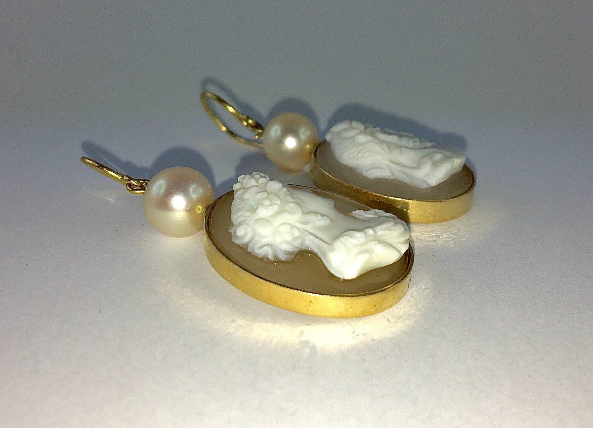 Boucles d'Oreilles Pendants Camées Agate Napoléon III  Perles De Culture Akoya Sur Or Jaune -photo-5