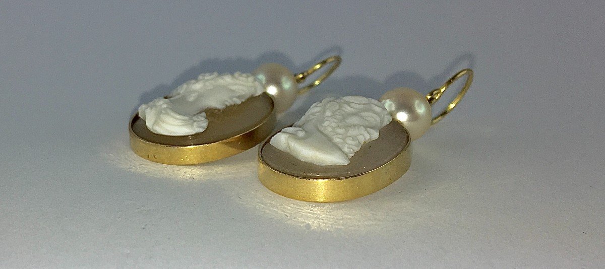 Boucles d'Oreilles Pendants Camées Agate Napoléon III  Perles De Culture Akoya Sur Or Jaune -photo-7