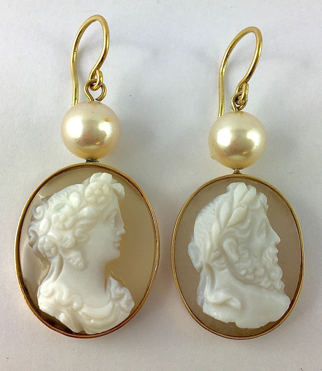 Boucles d'Oreilles Pendants Camées Agate Napoléon III  Perles De Culture Akoya Sur Or Jaune 