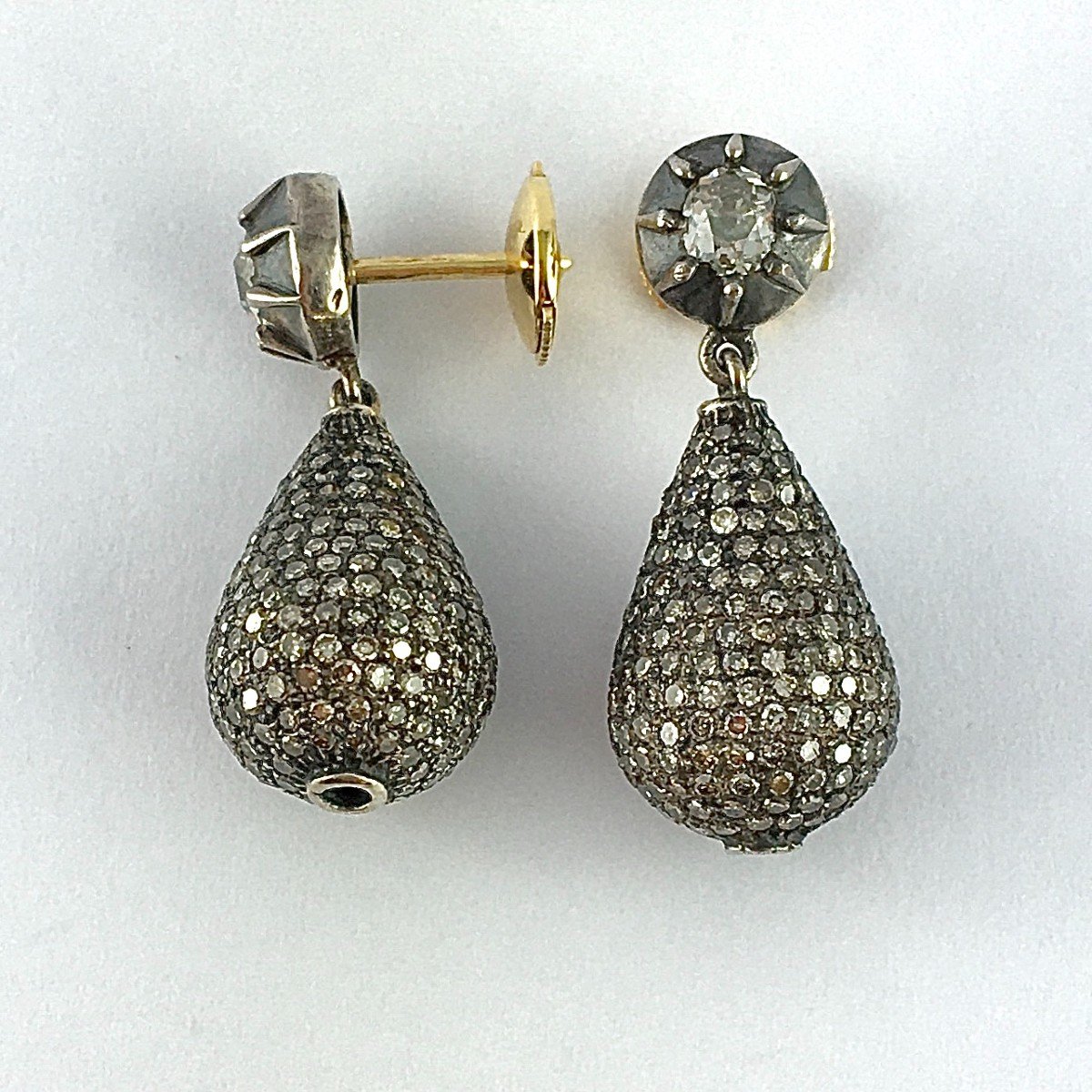 Boucles d'Oreilles Pendants Puces Et Gouttes Pavées De Diamants  Sur Argent Et Or Jaune-photo-2