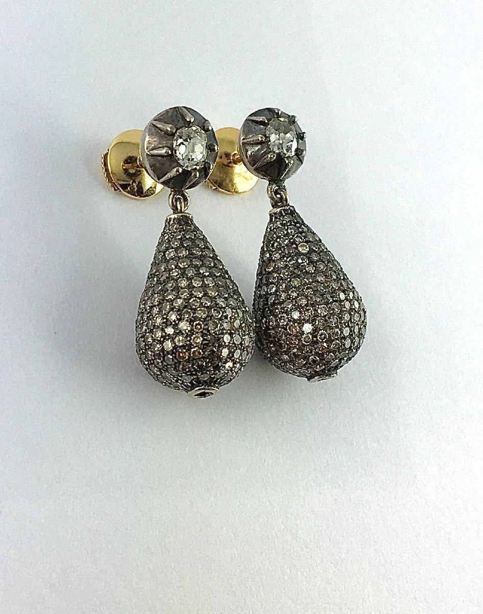 Boucles d'Oreilles Pendants Puces Et Gouttes Pavées De Diamants  Sur Argent Et Or Jaune-photo-3