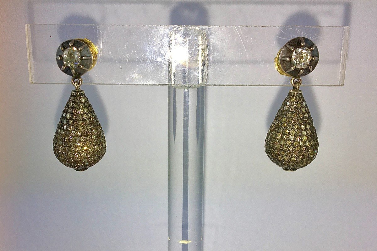 Boucles d'Oreilles Pendants Puces Et Gouttes Pavées De Diamants  Sur Argent Et Or Jaune-photo-1