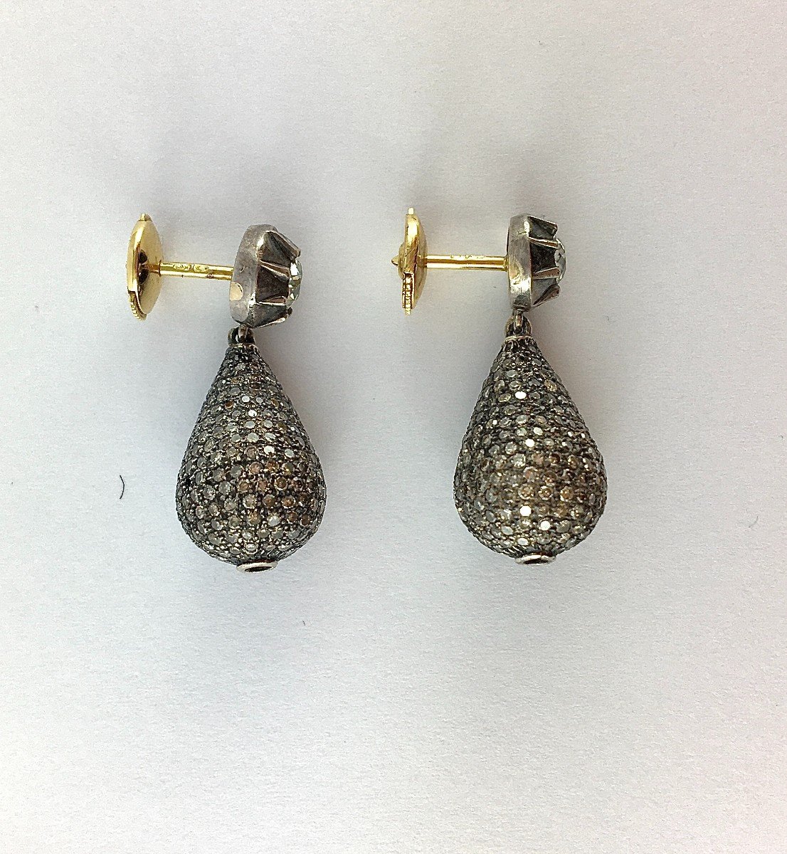 Boucles d'Oreilles Pendants Puces Et Gouttes Pavées De Diamants  Sur Argent Et Or Jaune-photo-5