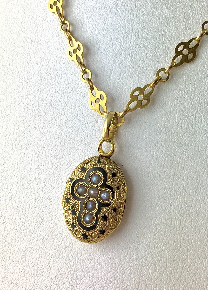 Pendentif Médaillon Ouvrant N III Réversible Or Jaune Perles Email croix Bijou Sentimental