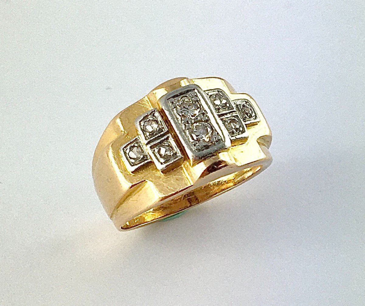 Art Deco Tank Signet Ring 40s Diamonds On Rose Gold And Platinum-photo-2