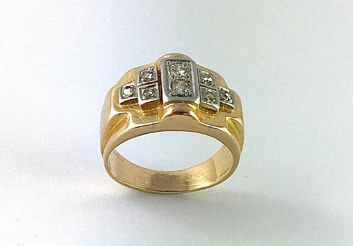 Art Deco Tank Signet Ring 40s Diamonds On Rose Gold And Platinum-photo-3