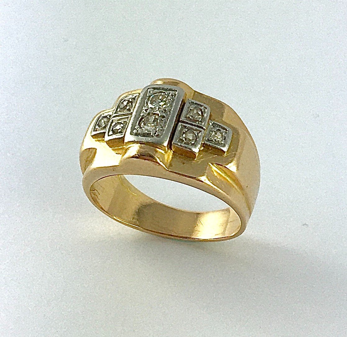 Art Deco Tank Signet Ring 40s Diamonds On Rose Gold And Platinum-photo-4