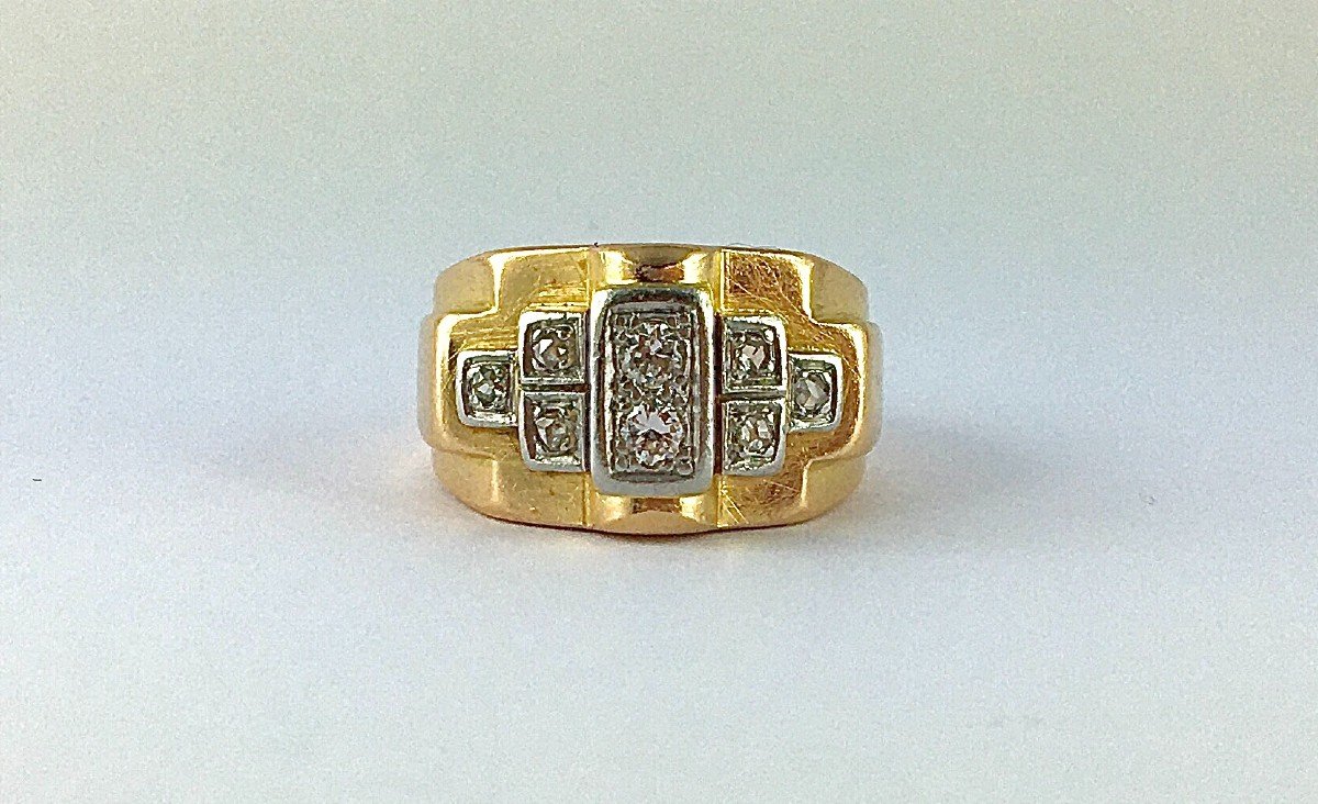 Art Deco Tank Signet Ring 40s Diamonds On Rose Gold And Platinum-photo-1