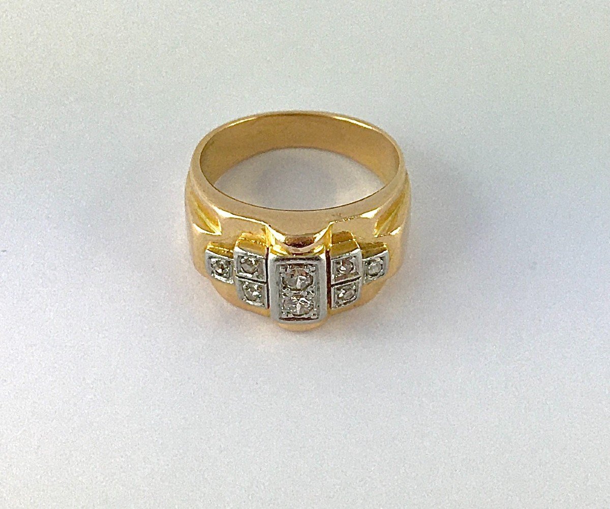 Art Deco Tank Signet Ring 40s Diamonds On Rose Gold And Platinum-photo-2