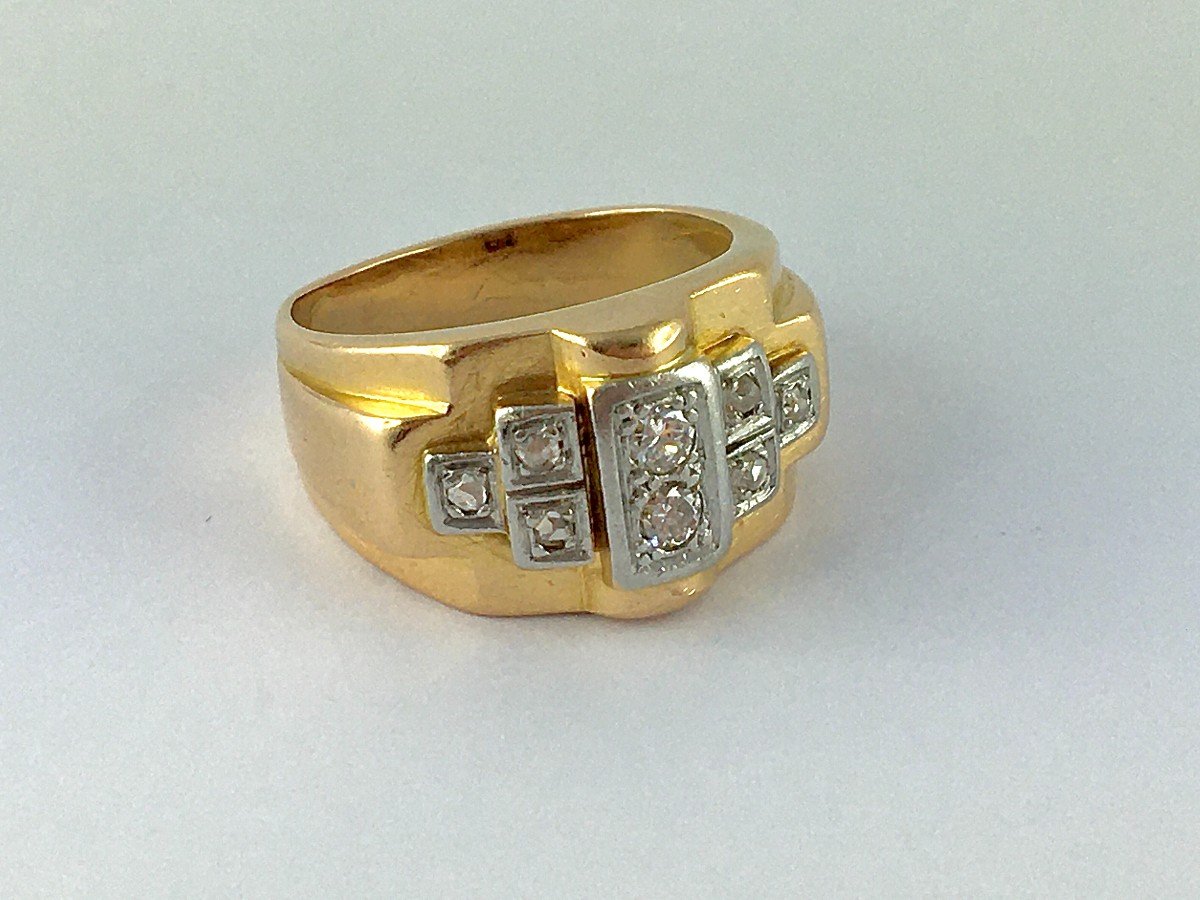 Art Deco Tank Signet Ring 40s Diamonds On Rose Gold And Platinum-photo-3