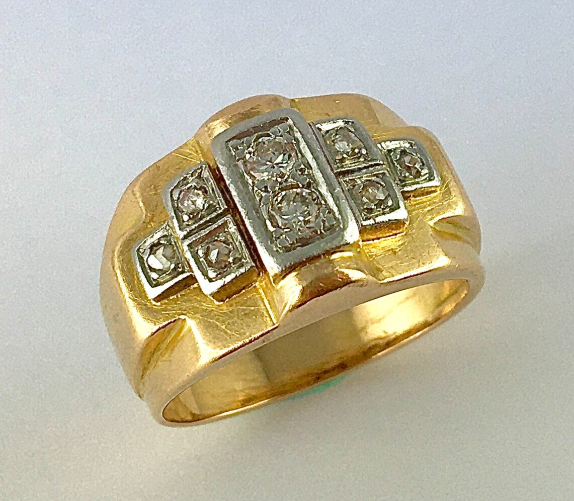 Art Deco Tank Signet Ring 40s Diamonds On Rose Gold And Platinum