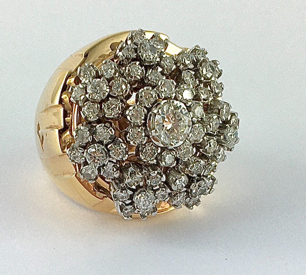 Bague Tank  Chou Rosaces De Diamants En Trembleuses Sur Ors Rose Et Blanc