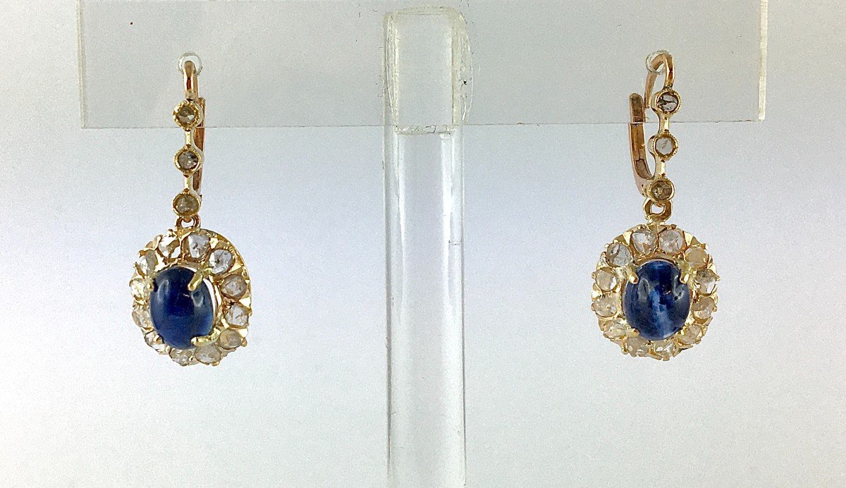 Dangle Earrings Sleeper Dangles Daisy Sapphires Cabochons Diamonds Rose / Yellow Gold-photo-2