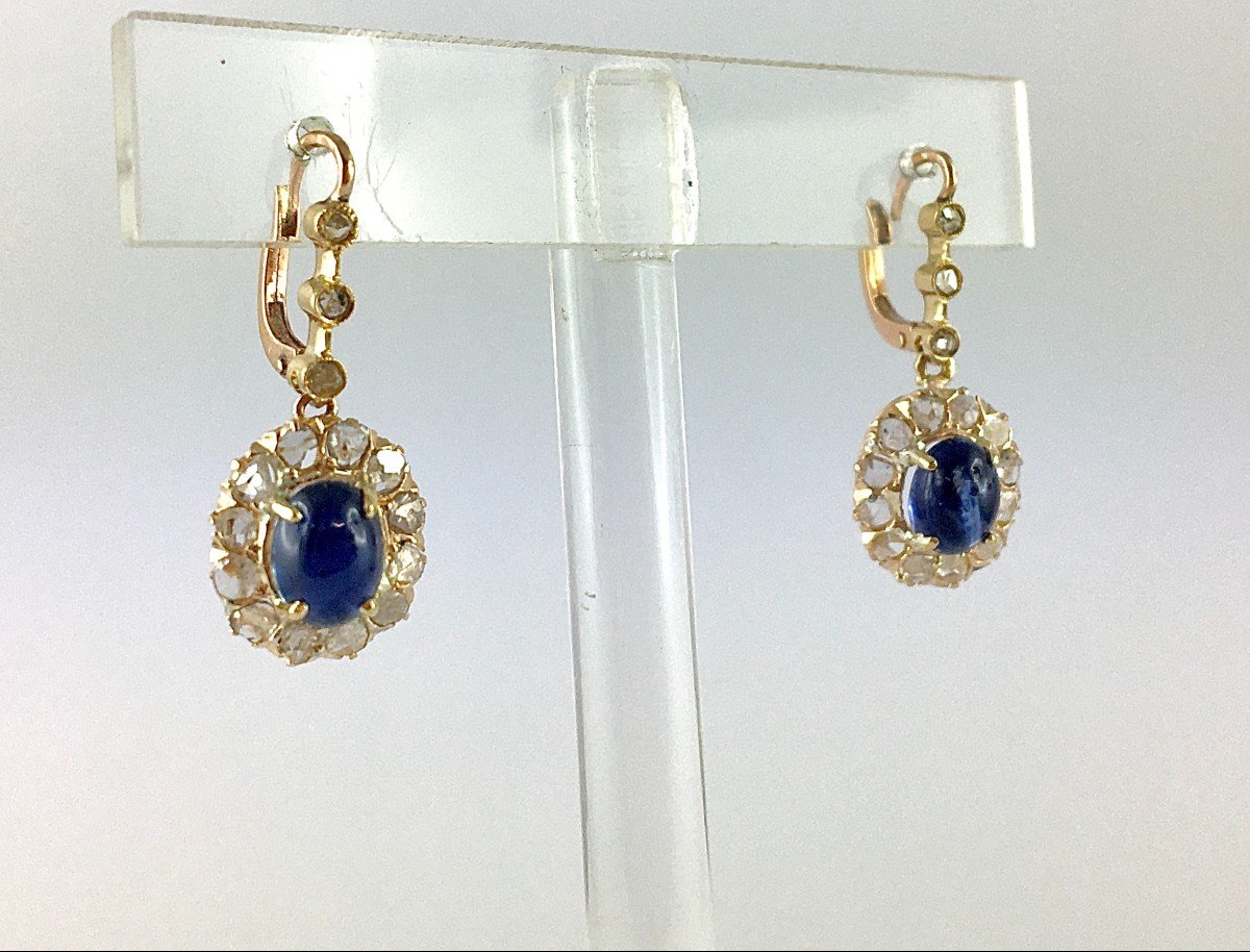 Dangle Earrings Sleeper Dangles Daisy Sapphires Cabochons Diamonds Rose / Yellow Gold-photo-3